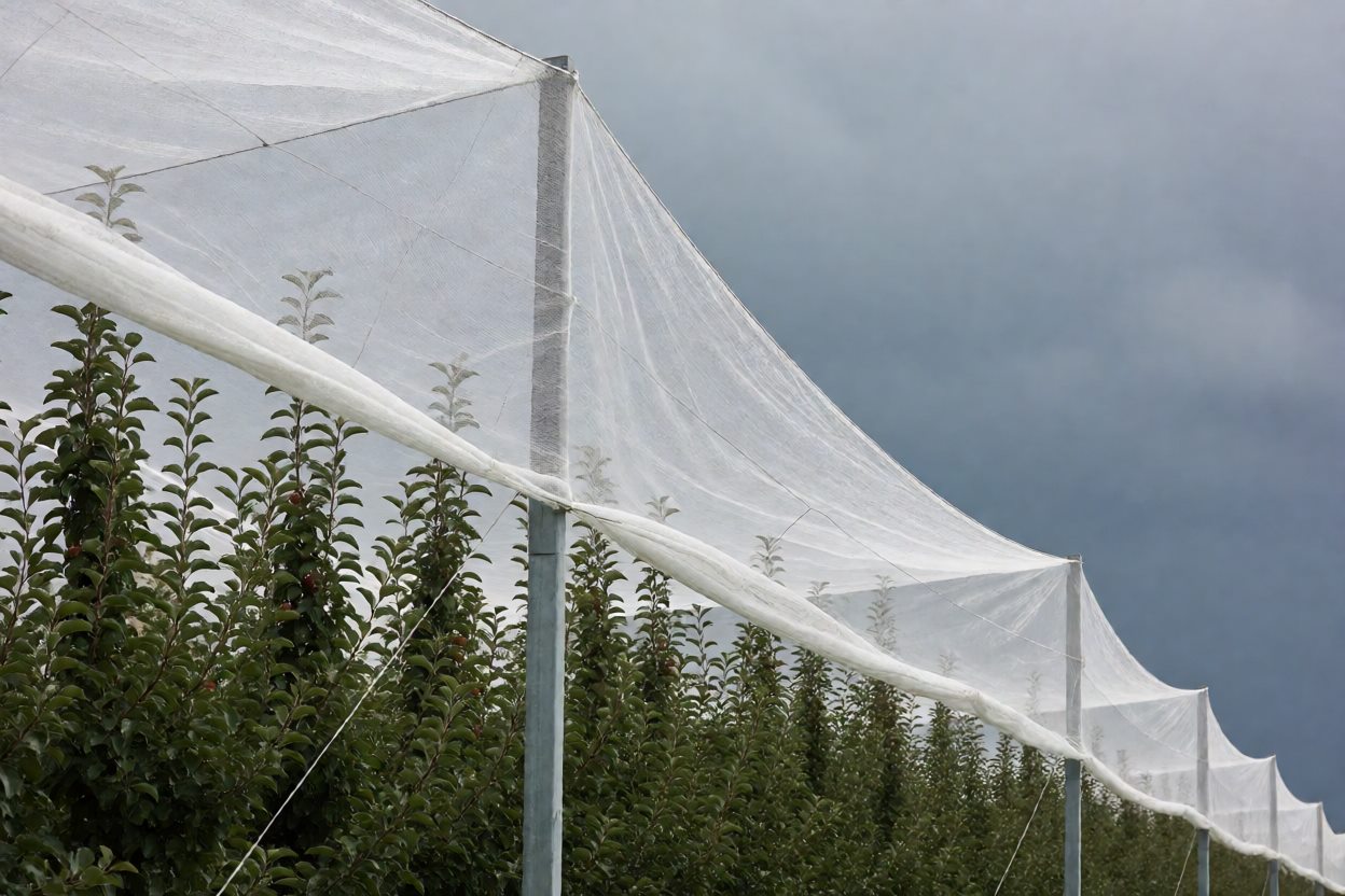 果园上方架设的白色防雹网，由立柱与钢丝张紧