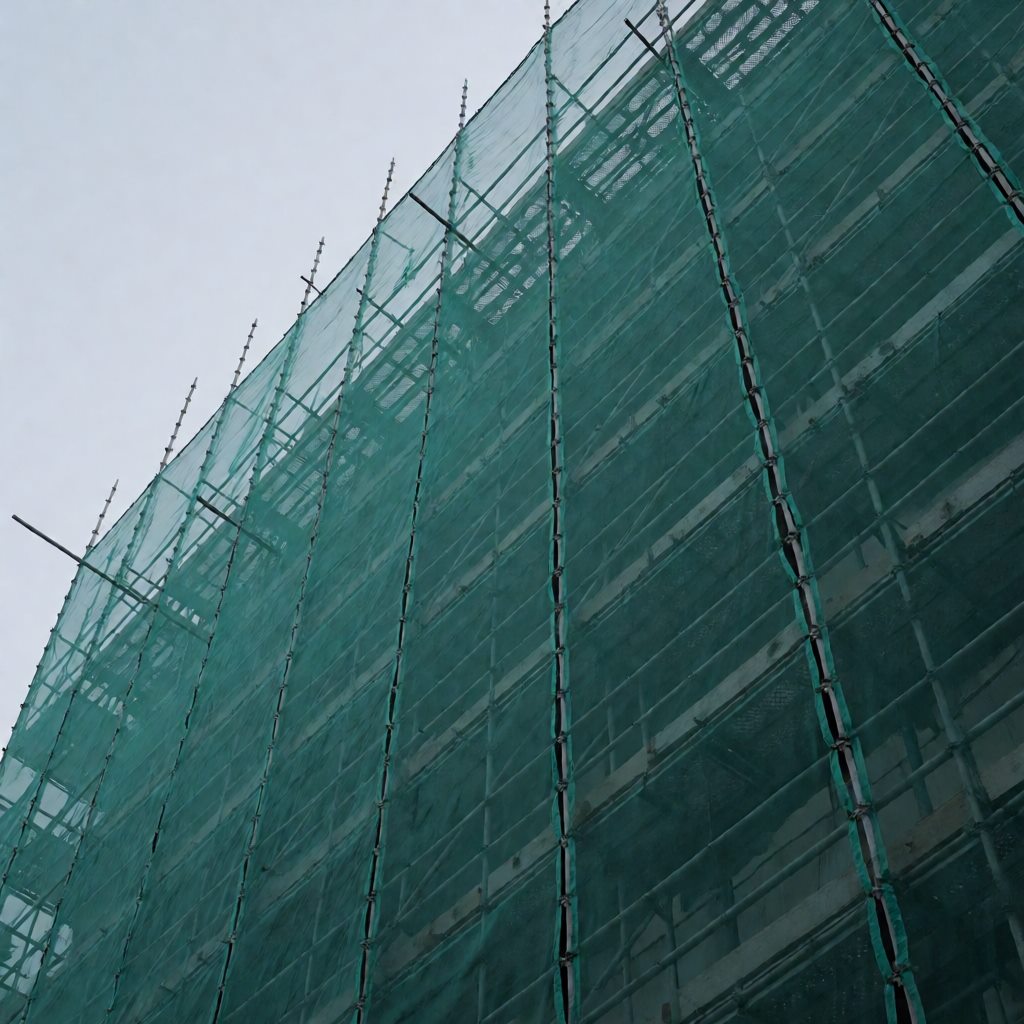 建筑外脚手架上的绿色密目安全网，从下往上仰视